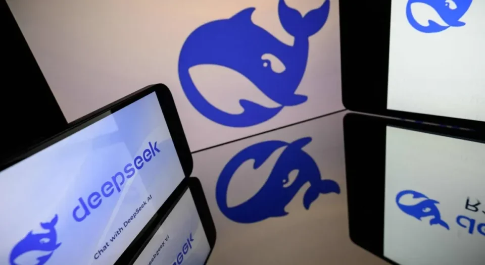 Branding screens with a blue whale logo and the text 'DeepSeek AI' on angled devices.