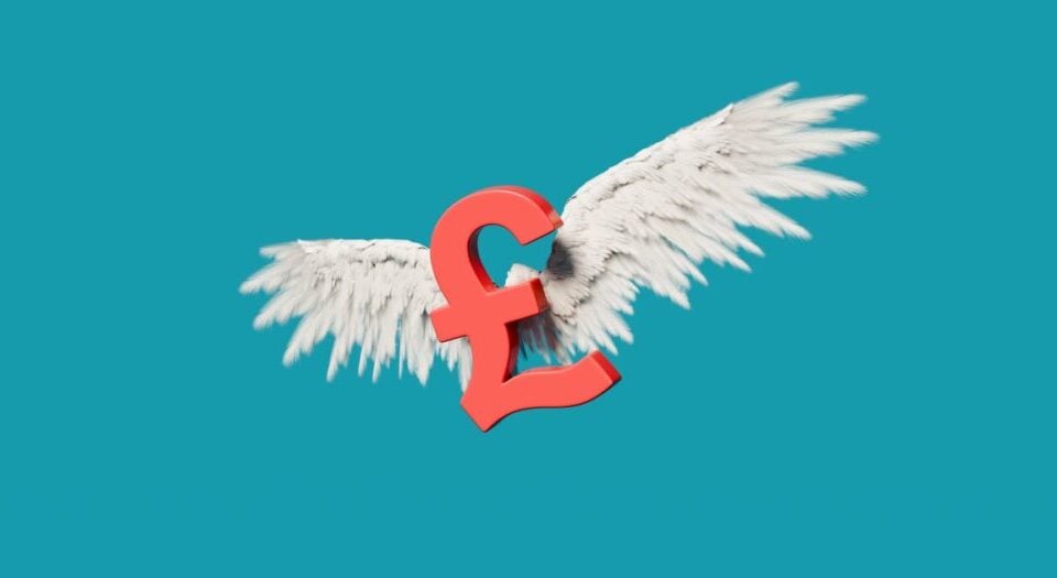 Red pound sterling symbol with white wings against a teal background, conveying the idea of the currency rising or taking off.