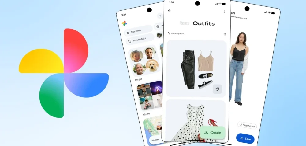 Article Image - Best AI Tools Flickr logo on the left with three tilted iPhone screens showing a Photos app interface and a model on the right