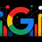 Colorful Google logo against a black background, overlaid with abstract circuit lines and vertical bar charts.