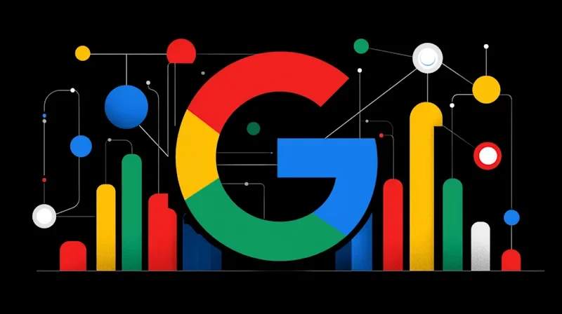 Colorful Google logo against a black background, overlaid with abstract circuit lines and vertical bar charts.