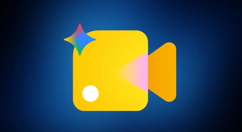 Yellow rounded video camera icon with a pink play triangle and a multicolored sparkle on a blue gradient background.