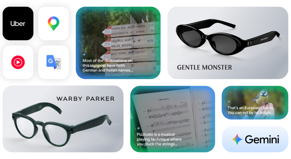Article Image - Best AI Tools Collage of rounded thumbnails: eyewear brand images (Warby Parker, Gentle Monster) and a Gemini logo, plus app icons (Uber, Maps pin, YouTube, Google) and media tiles including a music score and a nature photo with captions.