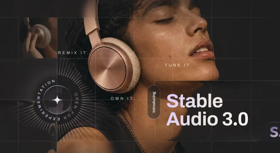 Woman wearing copper headphones; promotional image for Stable Audio 3.0 with 'Tune it' and 'Remix it' cues.