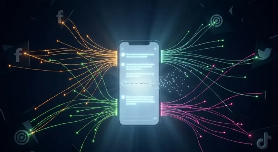 Center smartphone glowing with chat messages, surrounded by colorful data streams linking to social icons.
