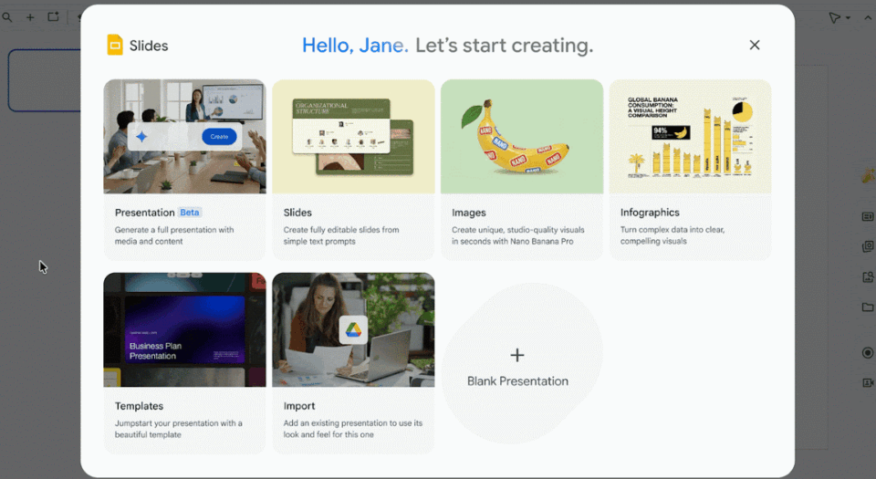 Article Image - Best AI Tools Google Slides new presentation dialog showing six template cards (Presentation, Slides, Images, Infographics, Templates, Import) and a Blank Presentation option; header reads, 'Hello, Jane. Let’s start creating.'