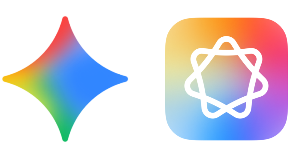Left: rainbow diamond-shaped abstract logo; right: white atom-like React logo inside a colorful rounded-square app icon.