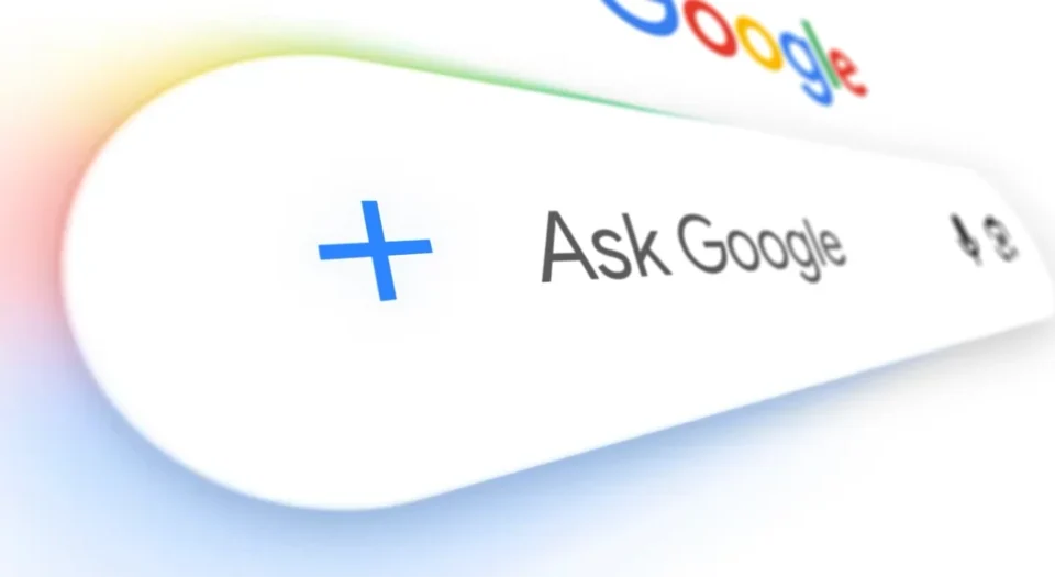 Article Image - Best AI Tools Google search bar saying 'Ask Google' with a blue plus sign and colorful Google logo above (illustration)