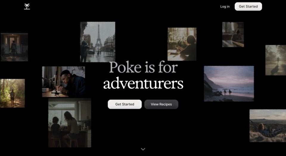 Dark hero section with a collage of travel photos around the centered text 'Poke is for adventurers' and two buttons: 'Get Started' and 'View Recipes'.
