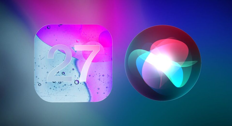 Illustration showing the iOS 27 app icon and the Siri sphere on a colorful gradient background.