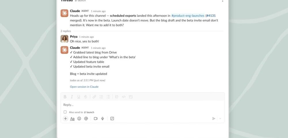 Article Image - Best AI Tools Screenshot of a chat thread about channel launch and blog updates, showing two replies and a message composer at the bottom in a light UI panel.