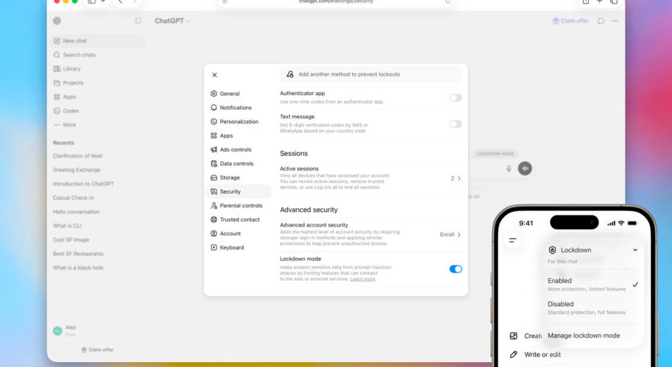 Desktop and iPhone screens showing security settings; macOS panel with Advanced security and a Lockdown mode toggle, plus iPhone Lockdown options.