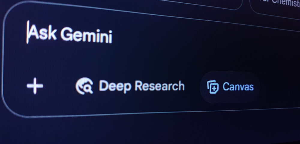 Article Image - Best AI Tools UI panel showing 'Ask Gemini' with options 'Deep Research' and 'Canvas' (tool shortcuts) in a dark theme.