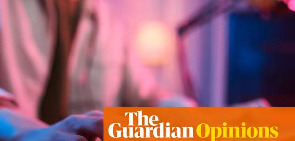 The Guardian Opinions orange banner with white and yellow text on a blurred pink-blue background.