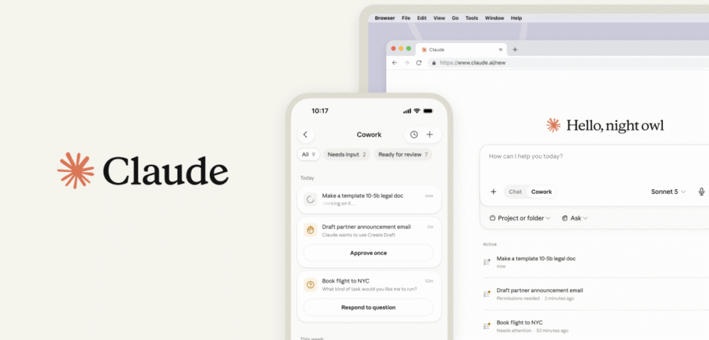 Article Image - Best AI Tools Claude logo with orange star, flanked by a smartphone app UI and a browser window titled 'Hello, night owl'.