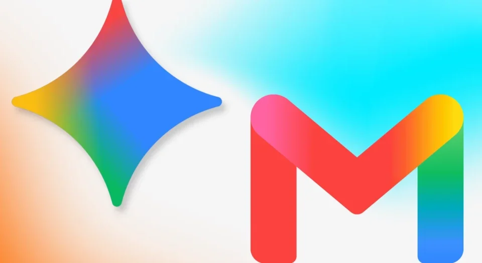 Abstract gradient illustration with a multicolored star shape on the left and the colorful Gmail 'M' logo on the right.