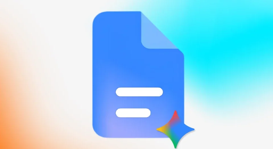 Blue Google Docs-style document icon with a folded corner and a rainbow sparkle badge in the bottom-right corner