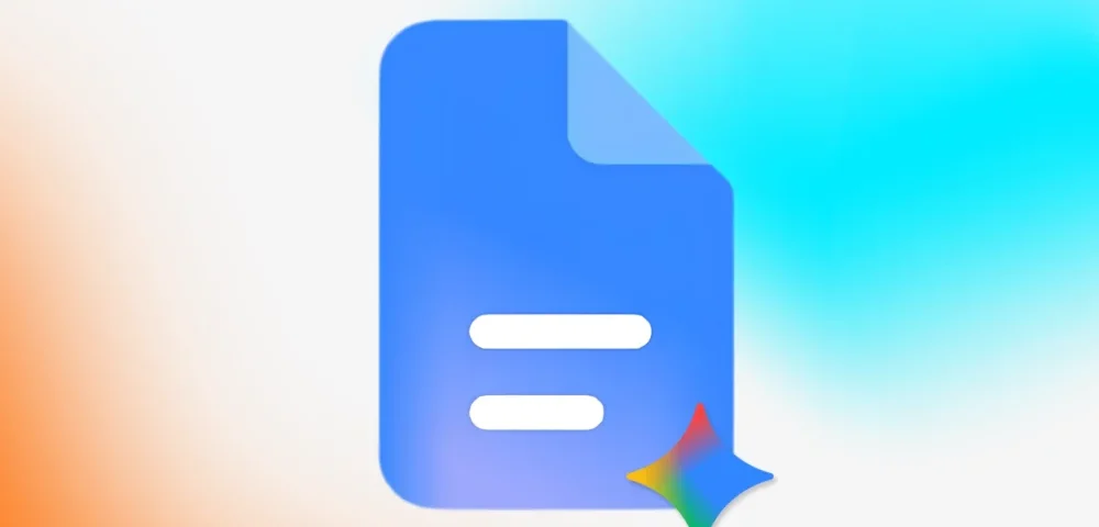 Article Image - Best AI Tools Blue Google Docs-style document icon with a folded corner and two white text lines, plus a multicolor sparkle/starburst at the bottom-right.