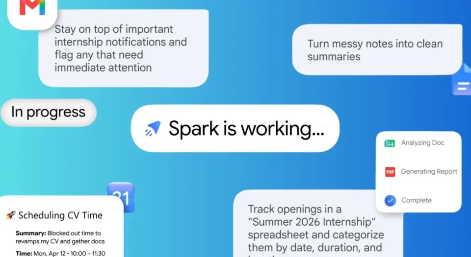 Gradient blue background with white rounded chat bubbles showing app status messages like 'Spark is working' and 'In progress' for an automation/demo screen.