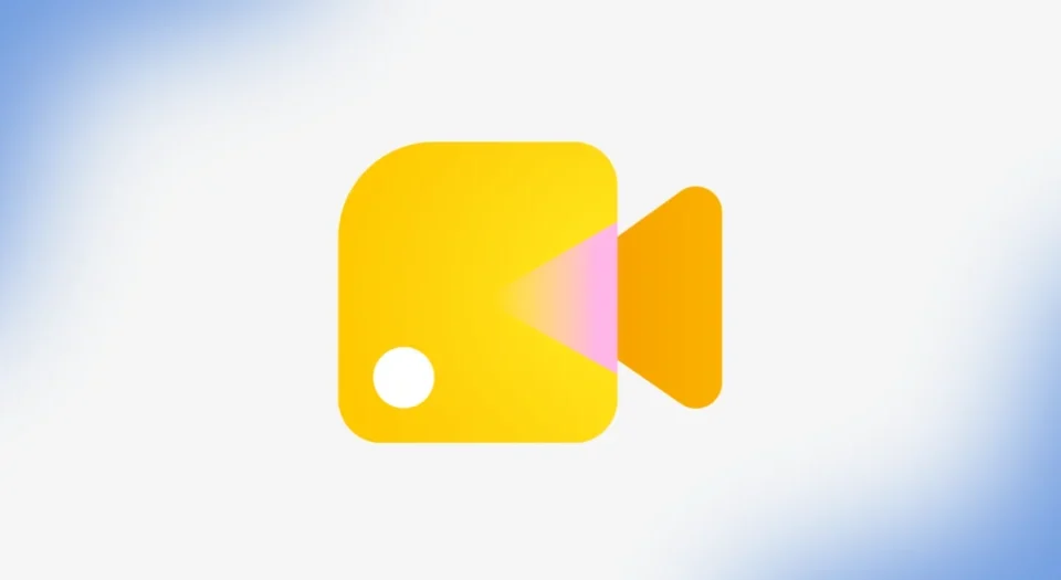 Yellow rounded-square video camera icon with a pink triangle play symbol on a light blue gradient background, indicating video playback