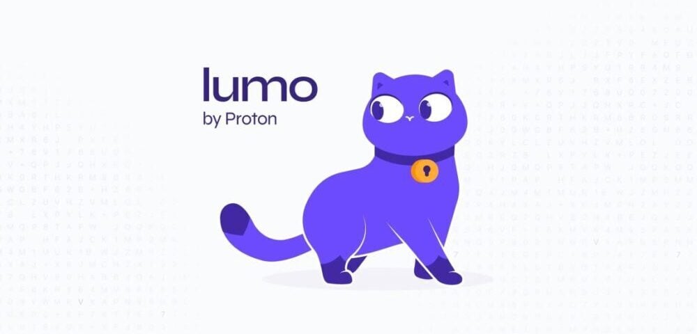 Article Image - Best AI Tools Purple cat mascot beside the 'lumo by Proton' logo, wearing an orange lock collar, signaling security.