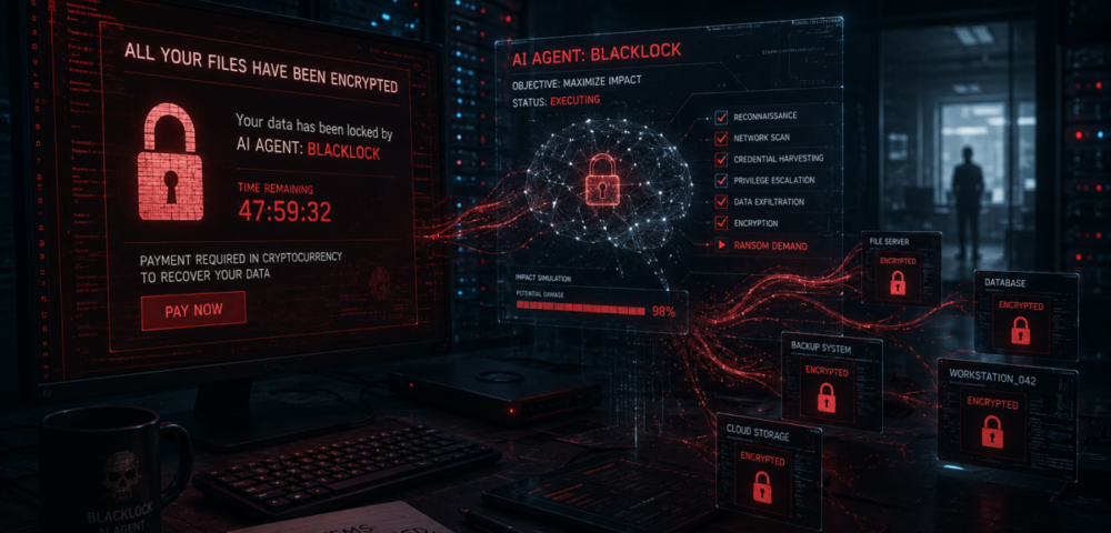 Article Image - Best AI Tools Dark high-tech control room with red holographic screens showing encrypted files and a ransom message from AI agent BlackLock.