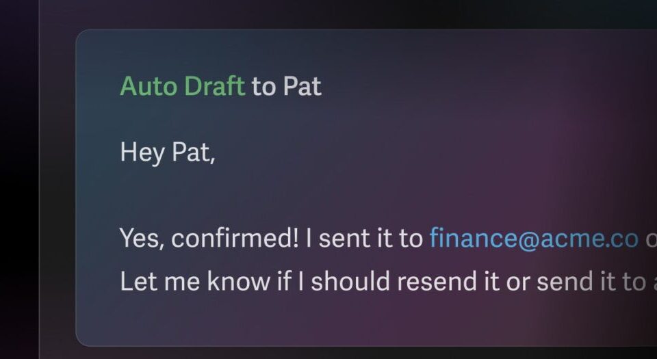 Article Image - Best AI Tools Draft email card titled 'Auto Draft to Pat' with a message to Pat about sending to finance@acme.co.