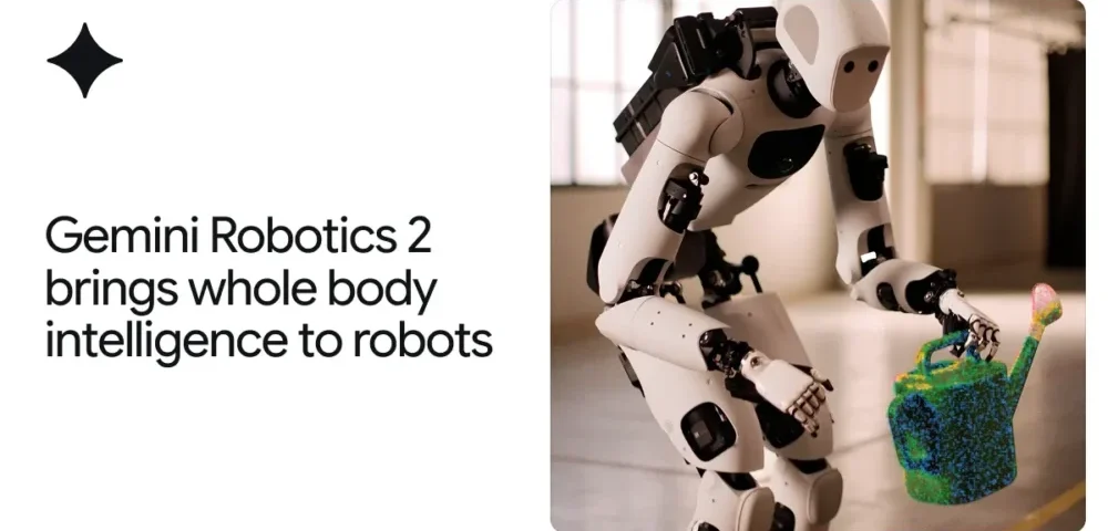 Article Image - Best AI Tools Headline: Gemini Robotics 2 brings whole body intelligence to robots; a robot hands a green watering can.