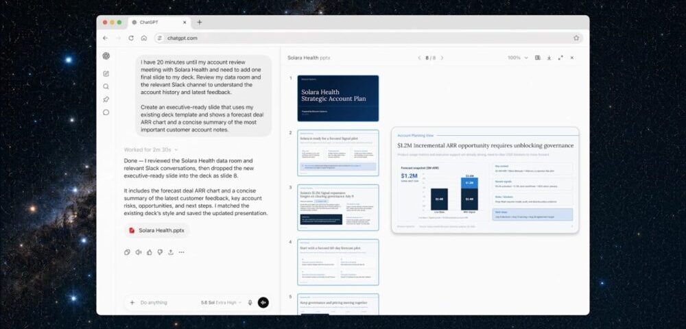 Article Image - Best AI Tools Screenshot of a web chat on the left and a Solara Health slide deck on the right in a browser window.