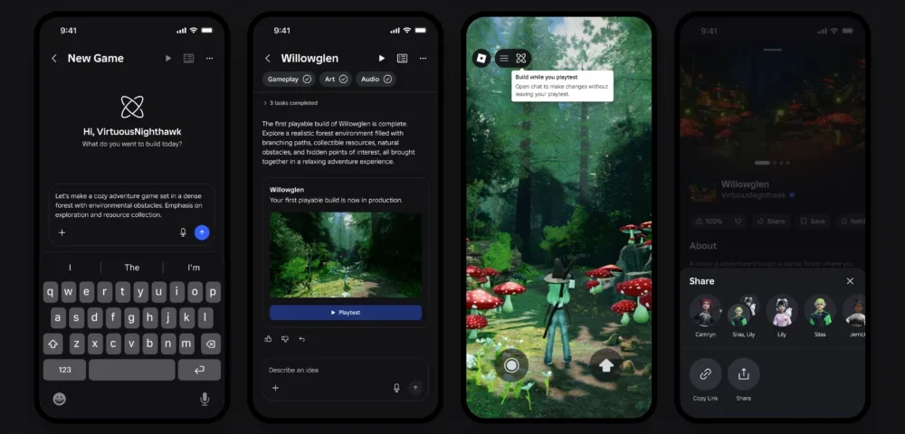 Article Image - Best AI Tools Four dark-mode mobile screens showing a game design: New Game intro, Willowglen project page, a forest gameplay scene, and a share panel.