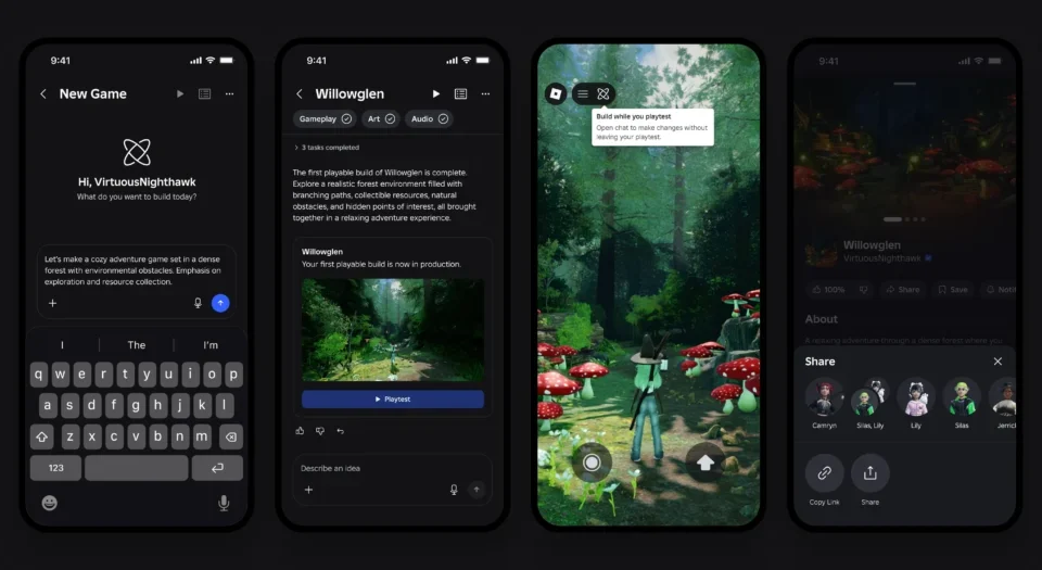 Four dark-mode mobile screens showing a game design: New Game intro, Willowglen project page, a forest gameplay scene, and a share panel.