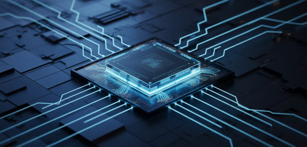 Article Image - Best AI Tools Blue-lit microchip at center with glowing circuit traces on a dark motherboard.