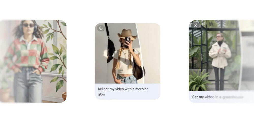 Article Image - Best AI Tools Three rounded thumbnails showing video-editing presets: left a blurred person in a plaid shirt, center a woman taking a selfie with a hat and the caption “Relight my video with a morning glow,” right a person by a greenhouse with the caption “Set my video in a greenhouse.”