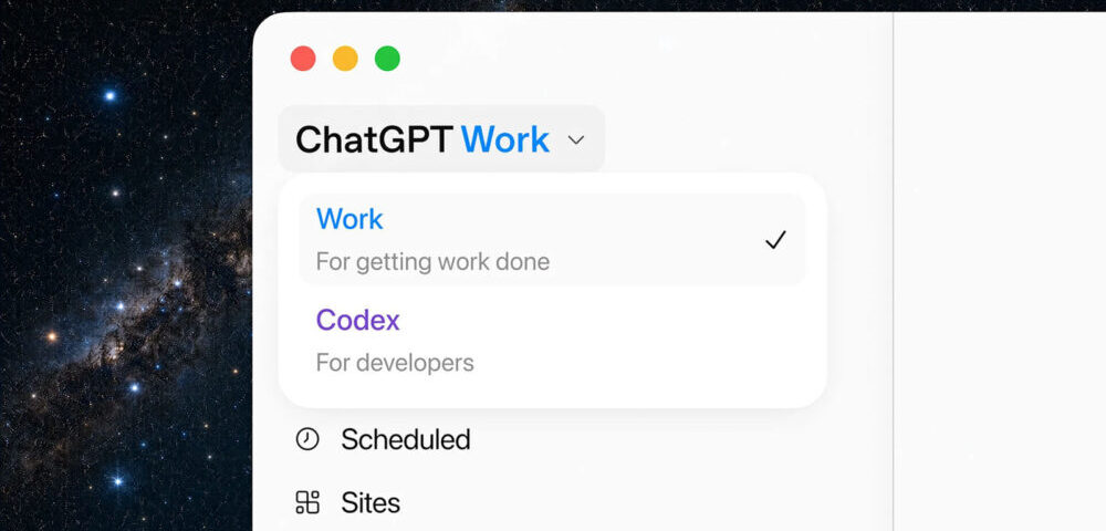 Article Image - Best AI Tools ChatGPT Work panel showing Work and Codex options, with Scheduled and Sites listed below.