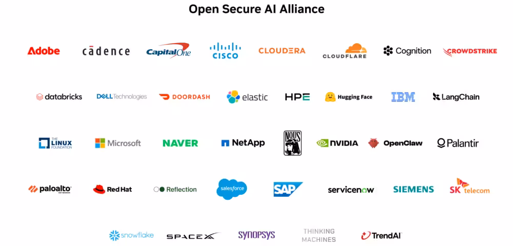 Open Secure AI Alliance member logos collage featuring sponsors and partners (Adobe, Cisco, Microsoft, IBM, NVIDIA, SAP, Snowflake, SpaceX, Salesforce, Palantir, etc.).