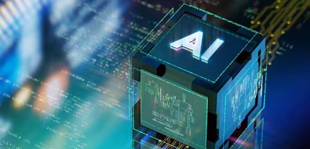 3D cube with 'AI' on top, glowing circuitry panels, symbolizing artificial intelligence technology.