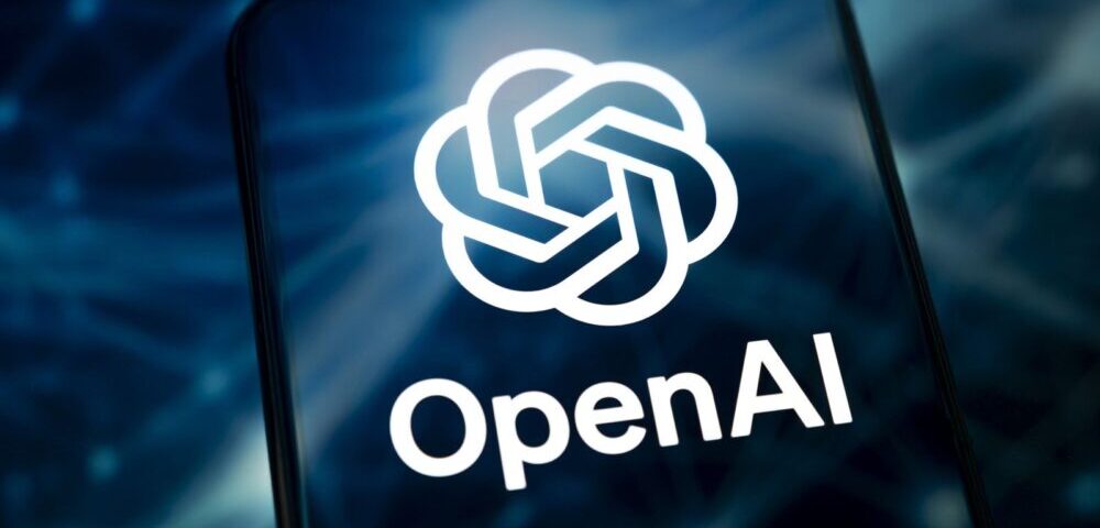 Article Image - Best AI Tools OpenAI logo on a smartphone screen with a blue abstract background and the word OpenAI beneath a circular knot design
