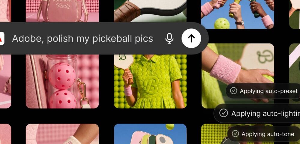 Article Image - Best AI Tools Screenshot of a photo-editing app showing a grid of colorful pickleball thumbnails and an overlay text bar reading 'Adobe, polish my pickleball pics'.