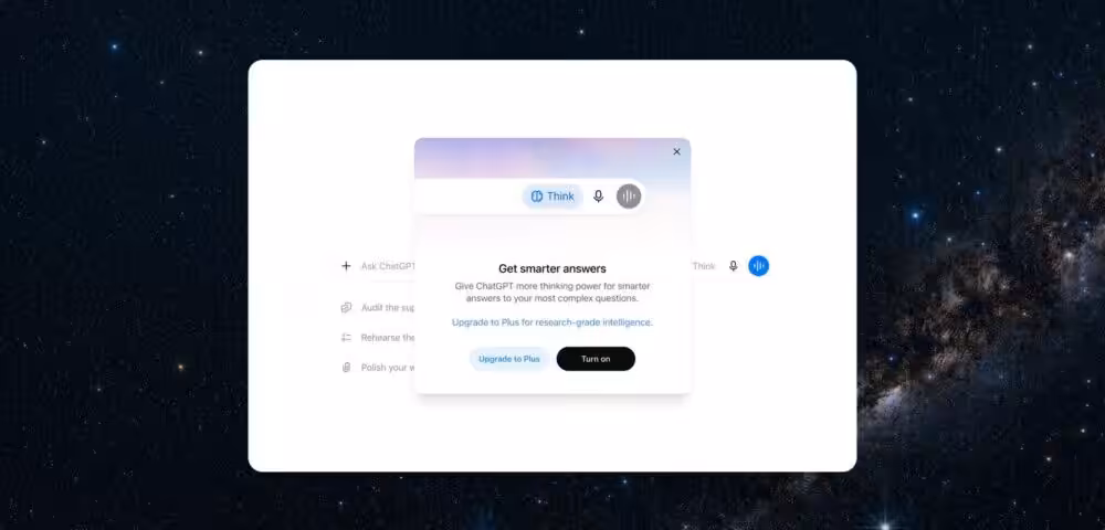 Dialog box promoting smarter answers with a 'Turn on' CTA, centered on a white rounded panel over a starry background.