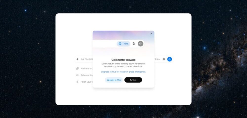 Article Image - Best AI Tools Dialog box promoting smarter answers with a 'Turn on' CTA, centered on a white rounded panel over a starry background.