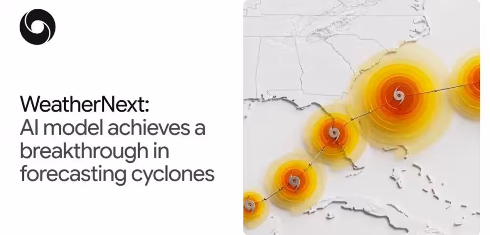 WeatherNext: AI model breakthrough in forecasting cyclones, shown with a map and colored cyclone indicators on the right panel.