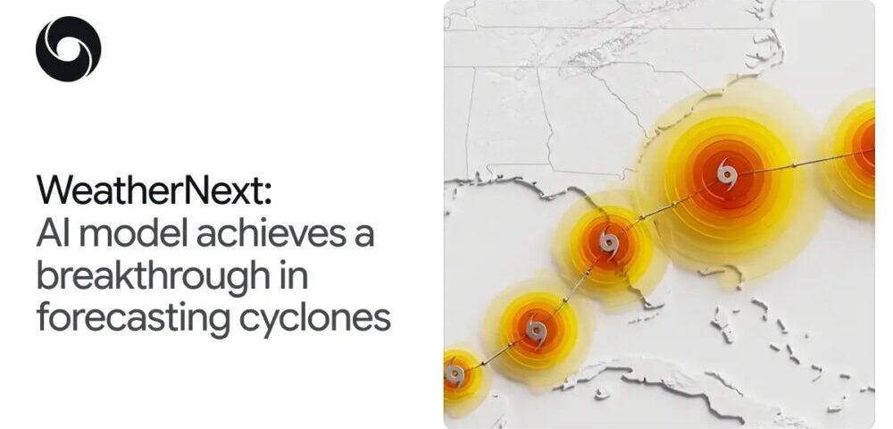 Article Image - Best AI Tools WeatherNext: AI model breakthrough in forecasting cyclones, shown with a map and colored cyclone indicators on the right panel.