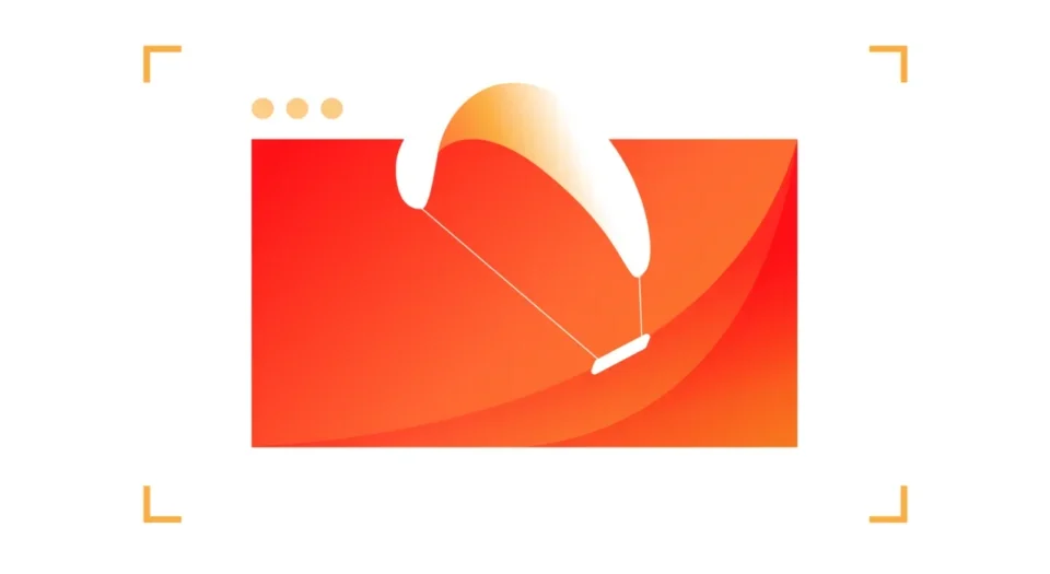 Abstract orange gradient shape with a white curved swoosh and three small dots, framed by yellow corner marks as a decorative illustration.